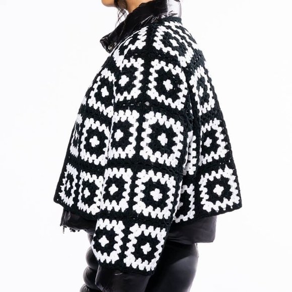Miz Puffer Crochet: Detachable Contrast Knit Cardigan Vinyl Winter Coat L XL - Picture 6 of 17